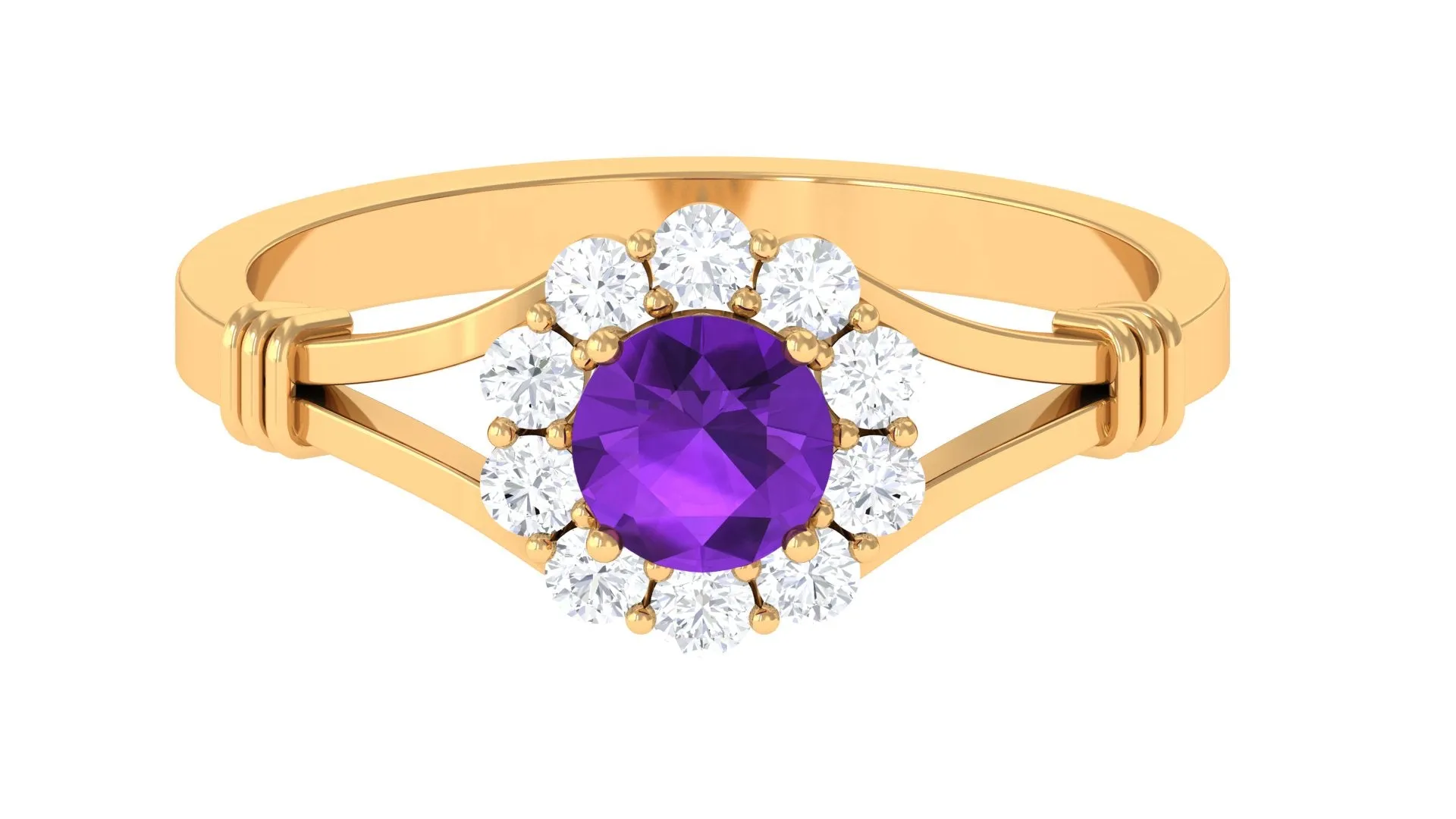 1 CT Amethyst and Diamond Halo Split Shank Ring