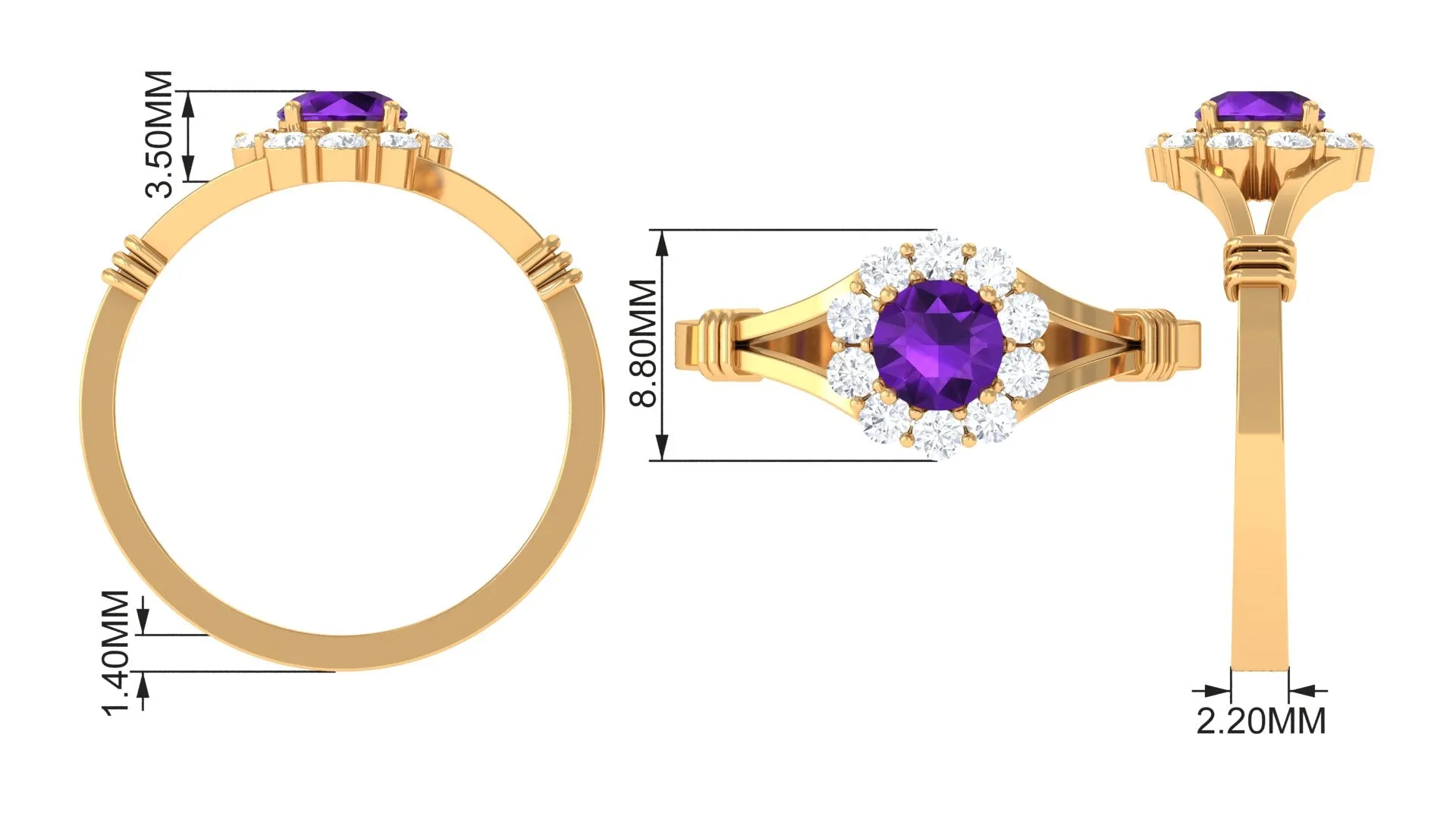 1 CT Amethyst and Diamond Halo Split Shank Ring
