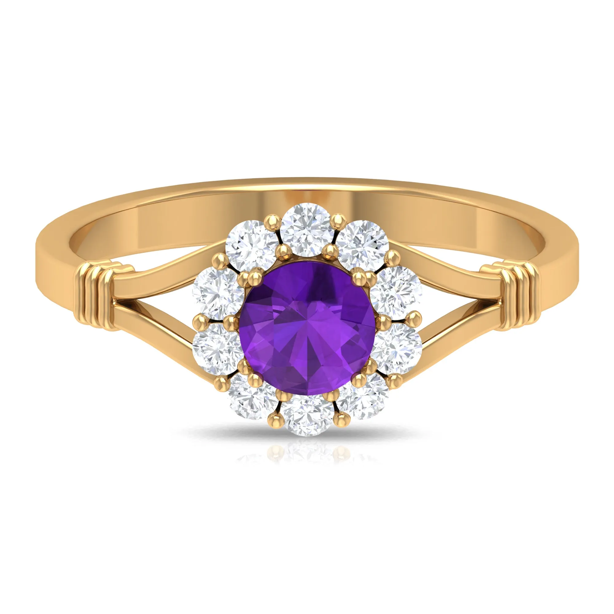 1 CT Amethyst and Diamond Halo Split Shank Ring