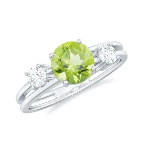 1 CT Peridot Solitaire Double Band Ring with Diamond Stones
