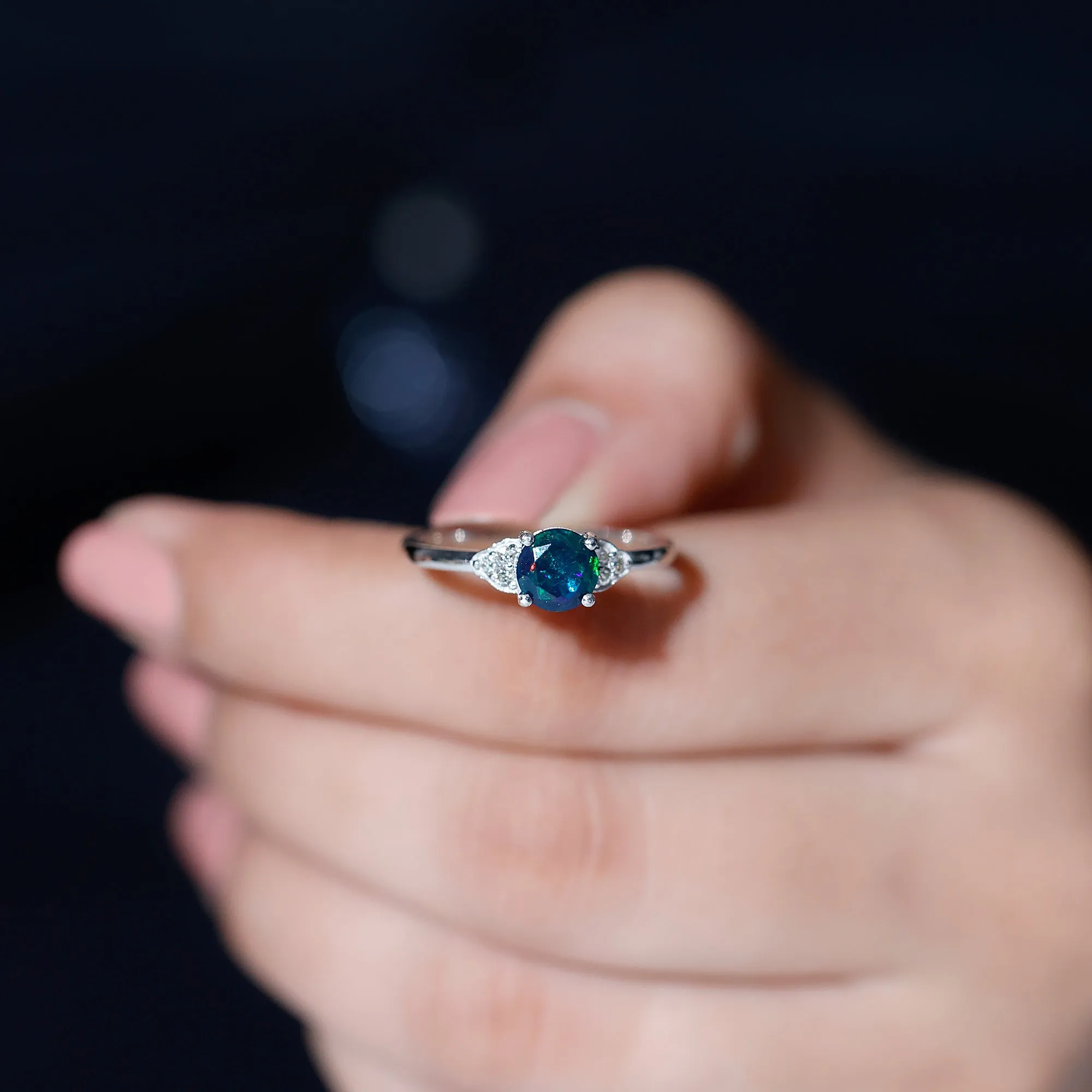 1 CT Round Black Opal Solitaire Engagement Ring with Diamond