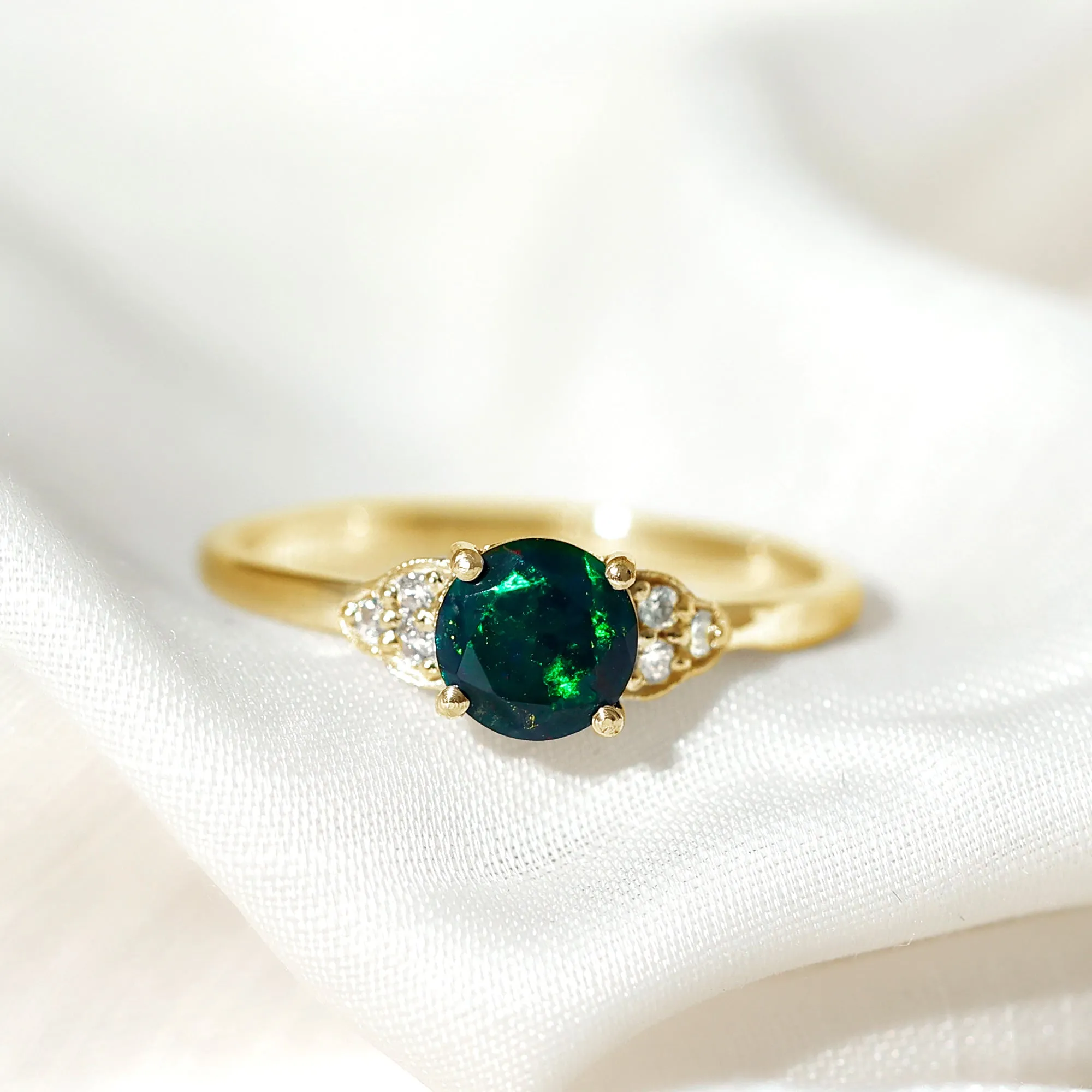 1 CT Round Black Opal Solitaire Engagement Ring with Diamond