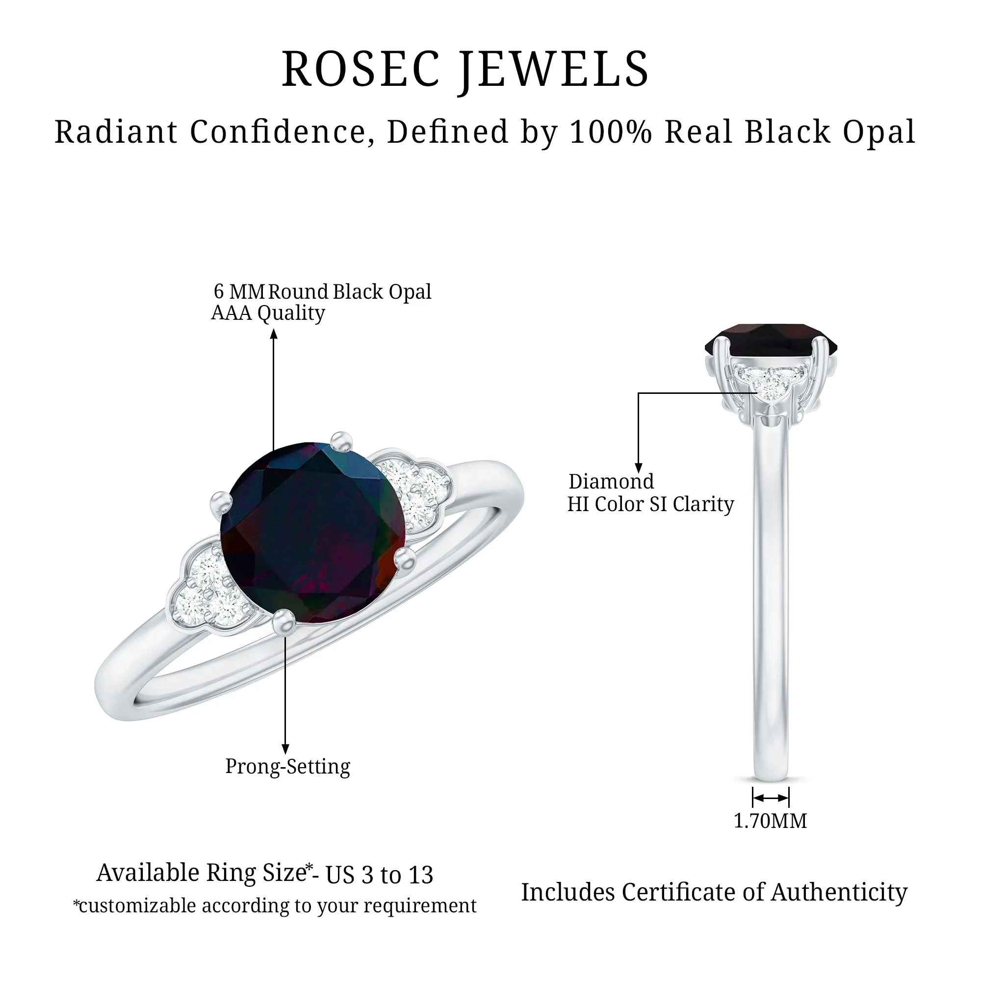 1 CT Round Black Opal Solitaire Engagement Ring with Diamond