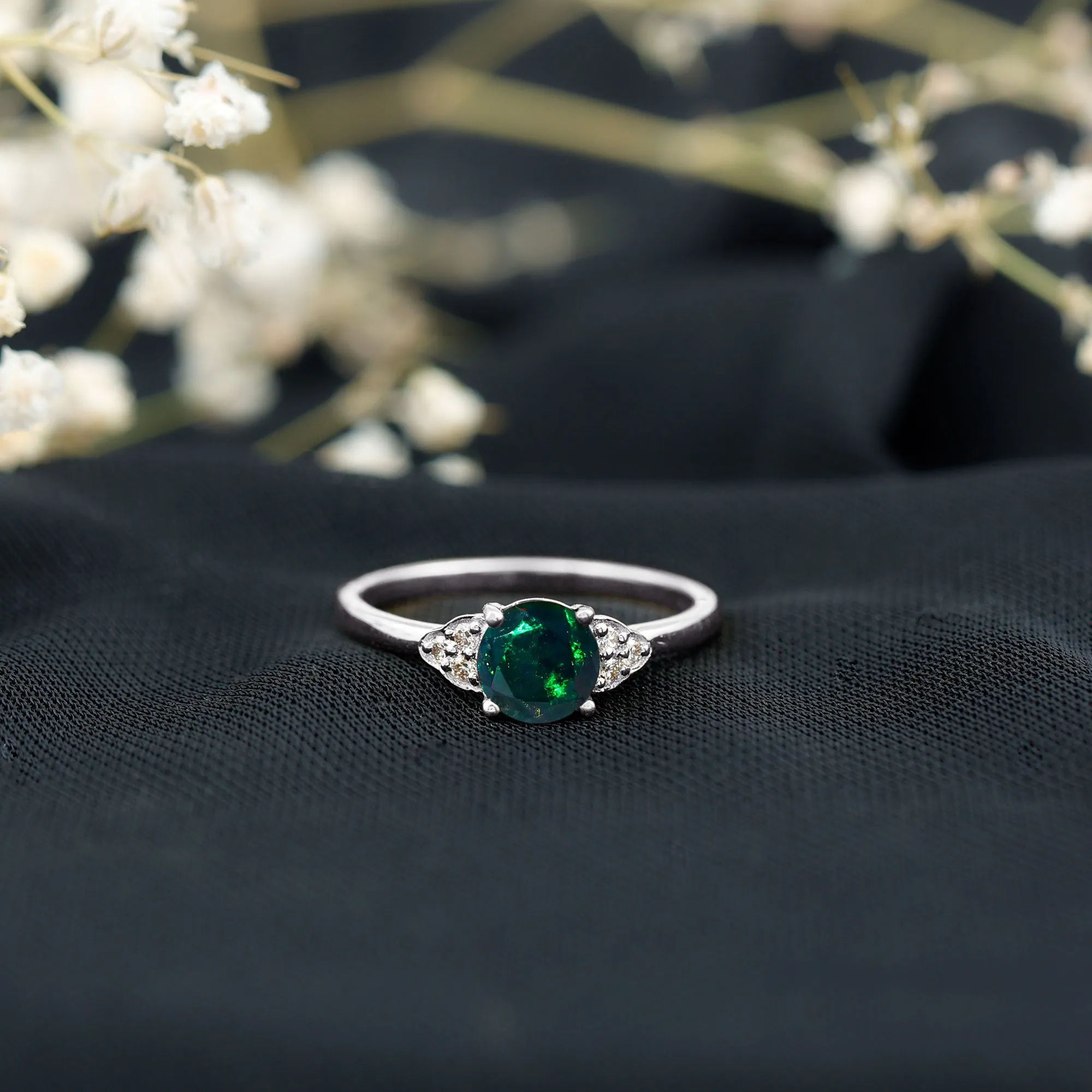 1 CT Round Black Opal Solitaire Engagement Ring with Diamond