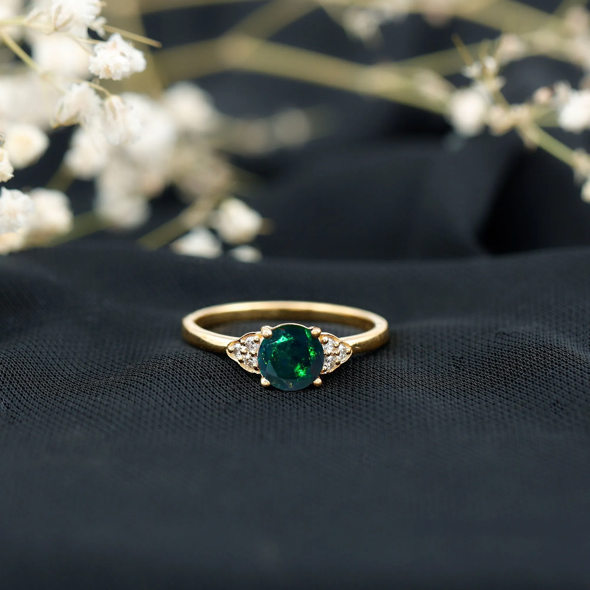 1 CT Round Black Opal Solitaire Engagement Ring with Diamond