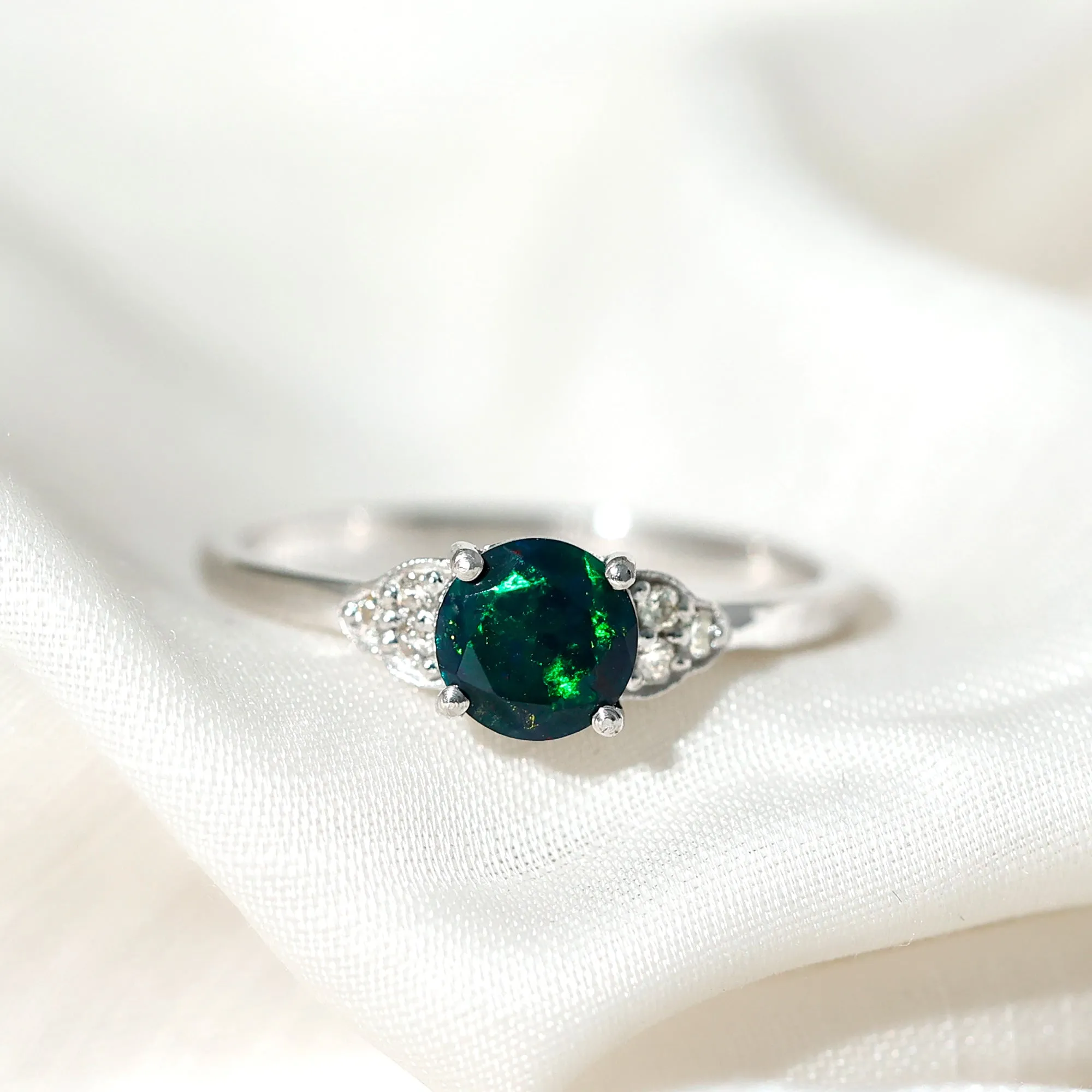 1 CT Round Black Opal Solitaire Engagement Ring with Diamond