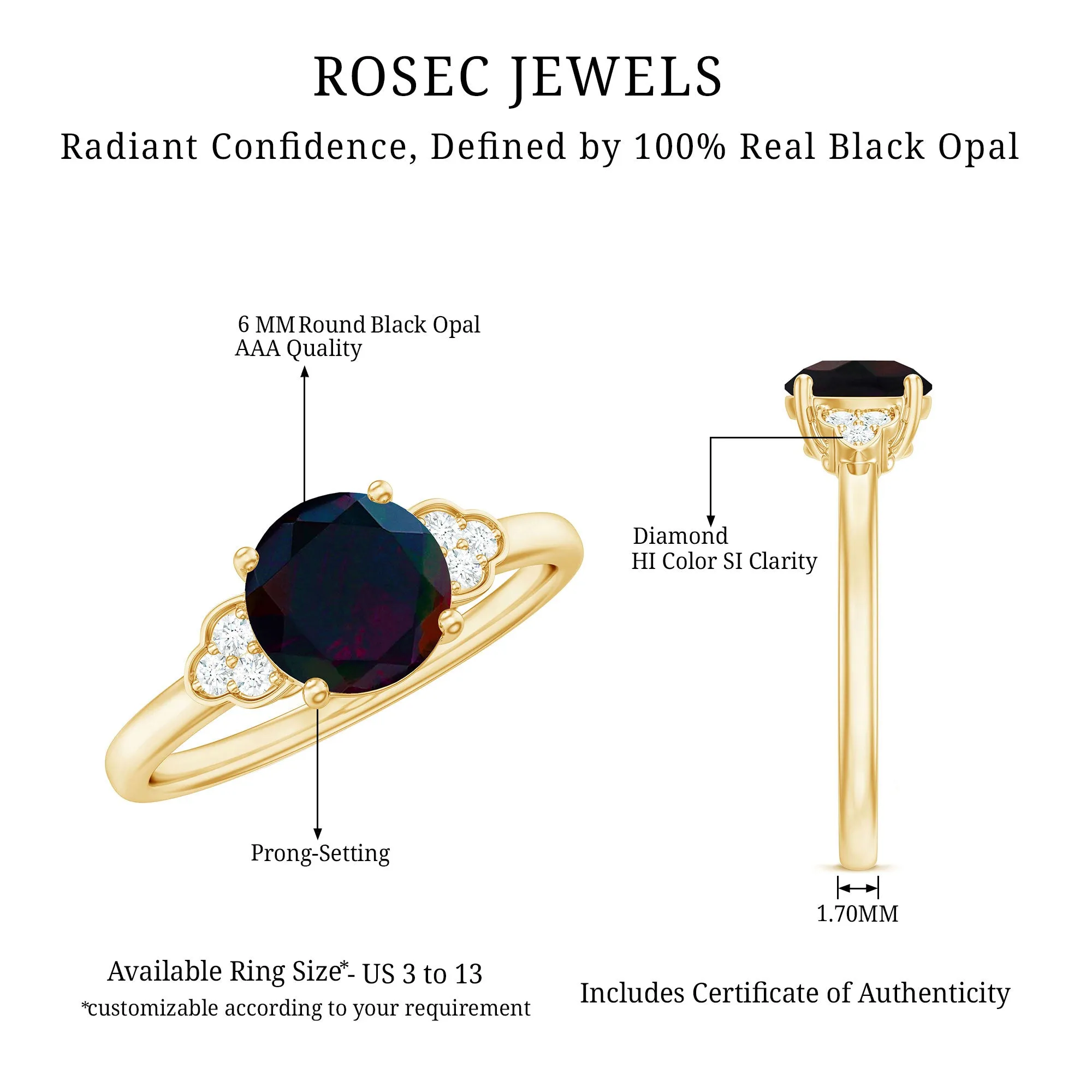 1 CT Round Black Opal Solitaire Engagement Ring with Diamond