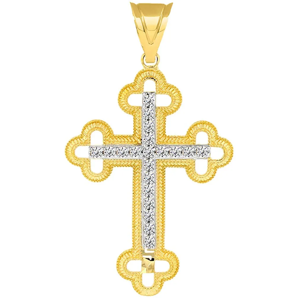 14k Two Tone Gold Textured Christian Orthodox CZ Cross Pendant