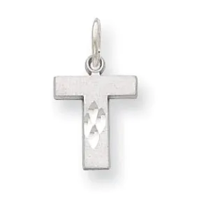 14k White Gold Satin Diamond Cut Finish Letter T Initial Pendant