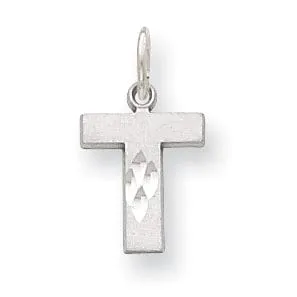 14k White Gold Satin Diamond Cut Finish Letter T Initial Pendant
