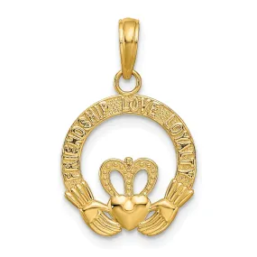 14k Yellow Gold Textured Satin Diamond Cut Flat-Backed Engraved Friendship Love Loyalty Claddagh Design Charm Pendant