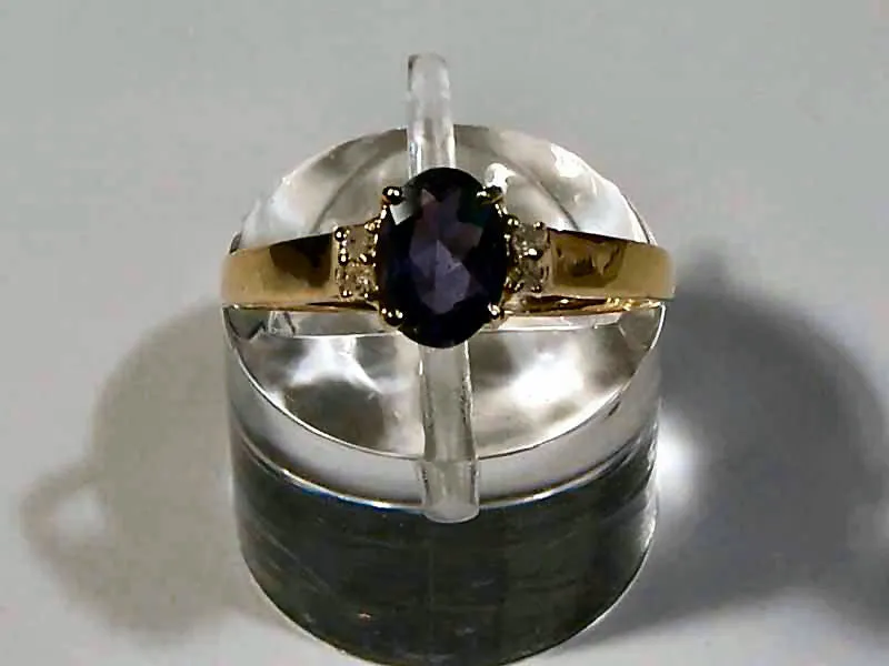 14Kt Gold Iolite Ring 7x5mm Oval Iolite 4 Diamonds Size 7
