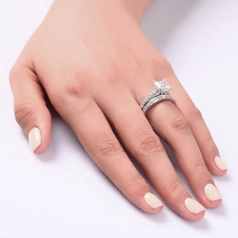1.5 Carat Princess Cut Created Zirconia 925 Sterling Silver 2-Pcs Wedding Engagement Ring Set MJXFR8009S