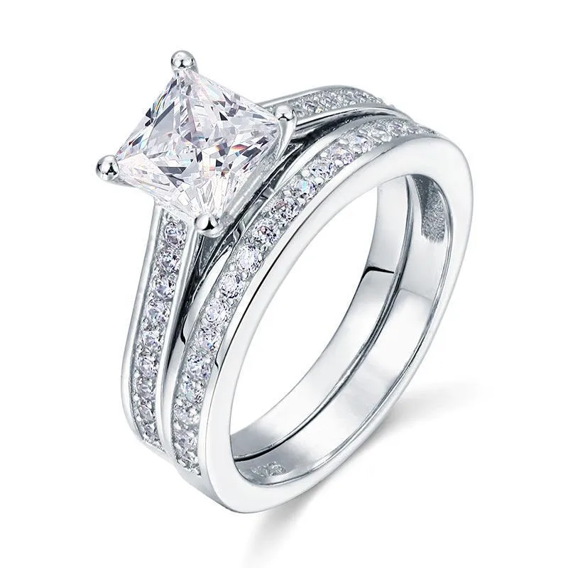 1.5 Carat Princess Cut Created Zirconia 925 Sterling Silver 2-Pcs Wedding Engagement Ring Set MJXFR8009S