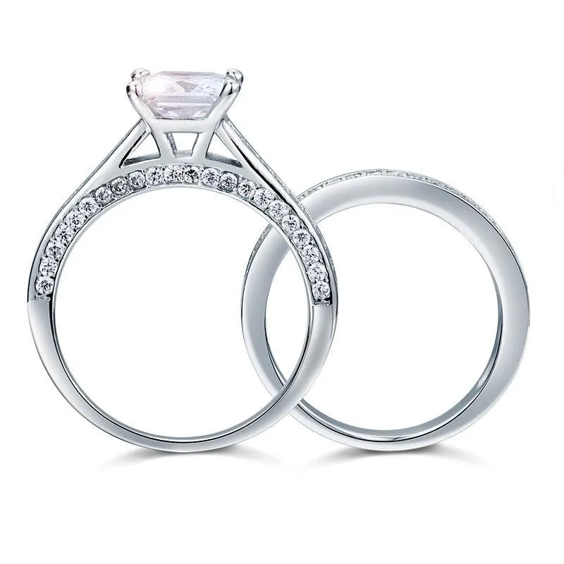 1.5 Carat Princess Cut Created Zirconia 925 Sterling Silver 2-Pcs Wedding Engagement Ring Set MJXFR8009S