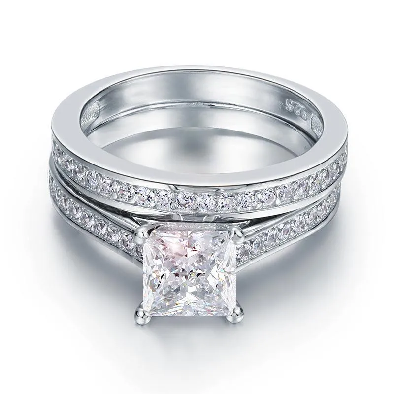 1.5 Carat Princess Cut Created Zirconia 925 Sterling Silver 2-Pcs Wedding Engagement Ring Set MJXFR8009S