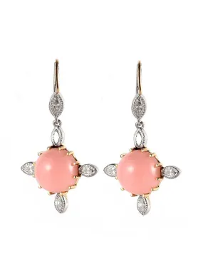 18k Gold and Platinum Pink Opal and Marquise Diamond Earrings