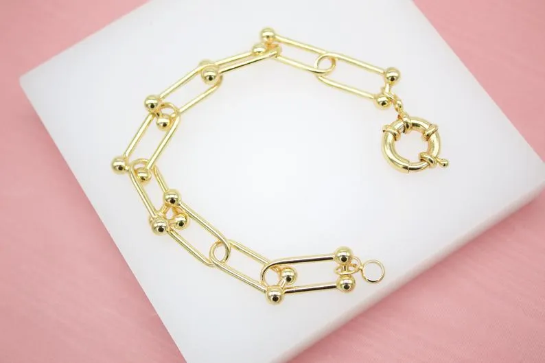 18K Gold Filled Paper Clip Bead Link Bracelet (I341)