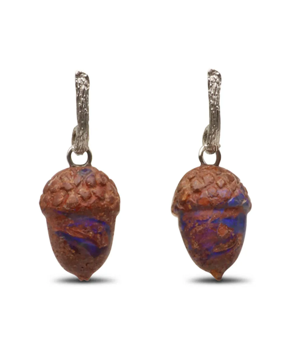 18k White Gold Petite Twig Opal Carved Acorn Drop Earrings