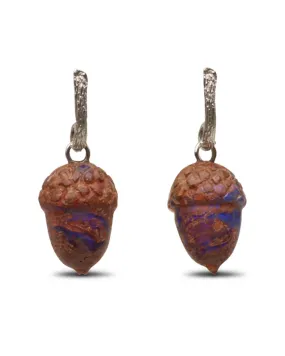 18k White Gold Petite Twig Opal Carved Acorn Drop Earrings