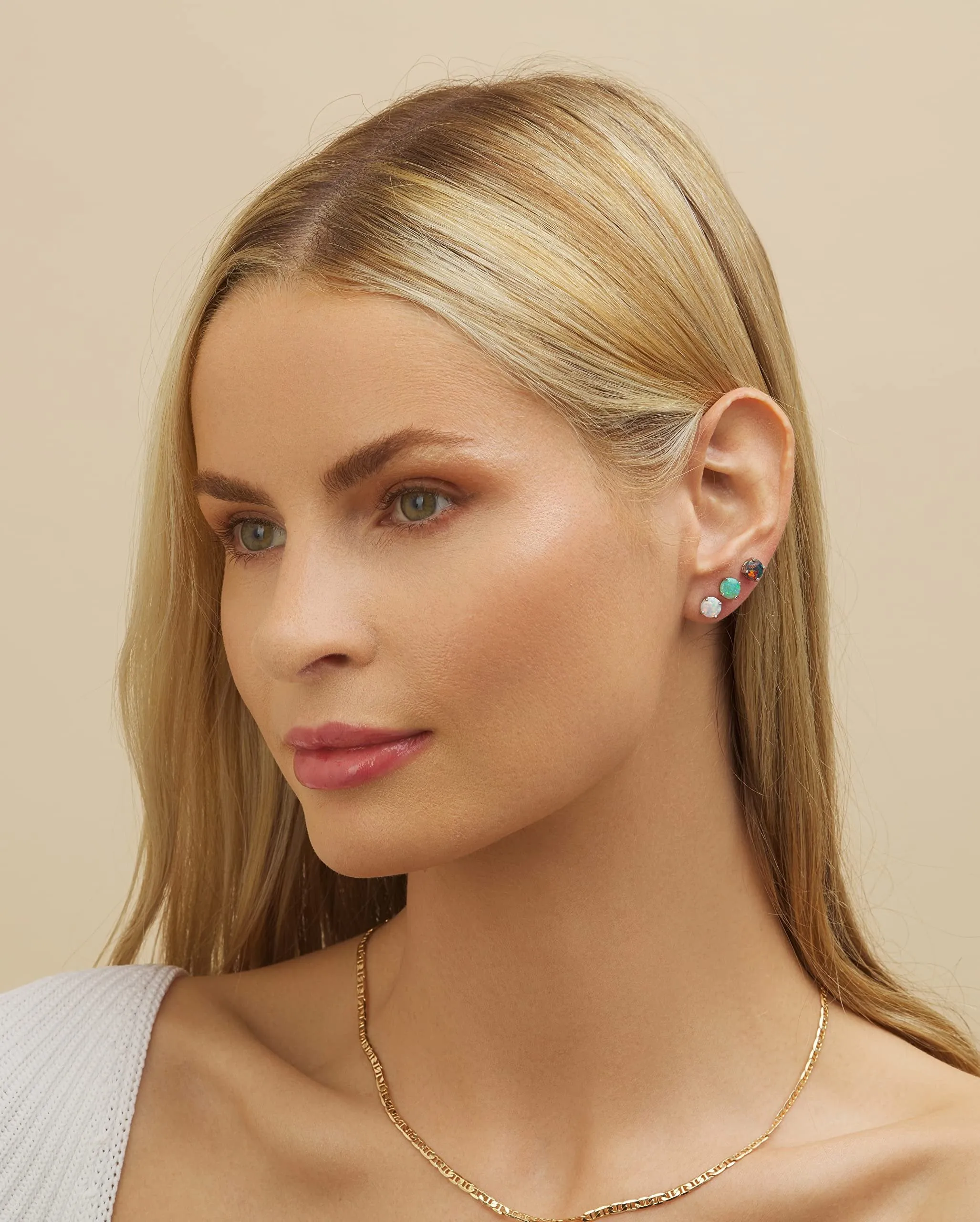 18K White Gold Plated Colorful Opal Studs - 3pc Set