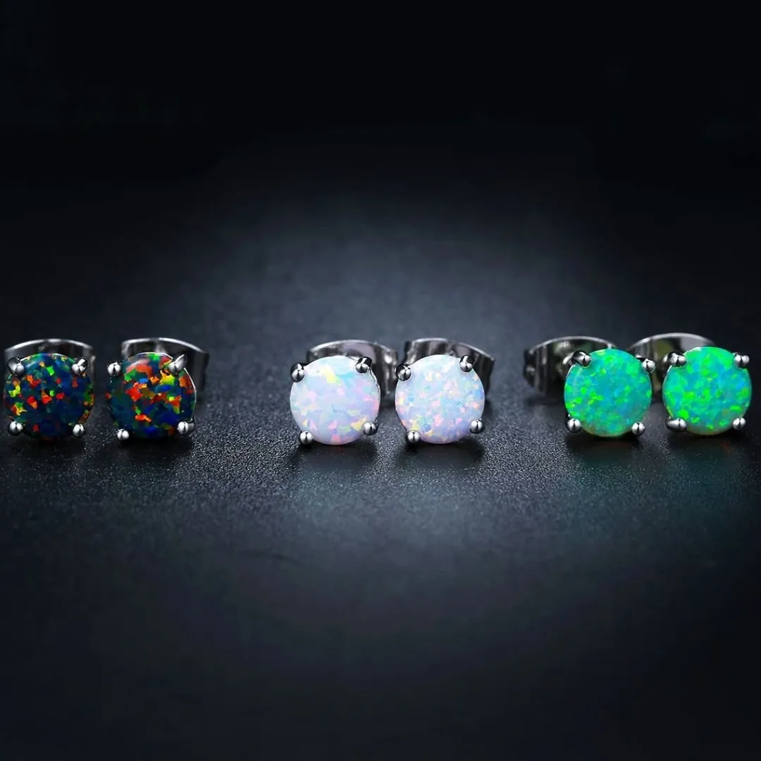 18K White Gold Plated Colorful Opal Studs - 3pc Set