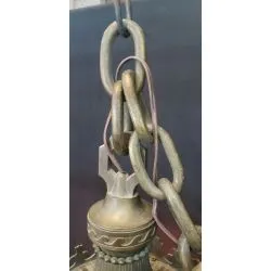 1920's Art Deco Crown Bronze Pendant Fixture with Multi Colored Stained Glass Globe #GA2161