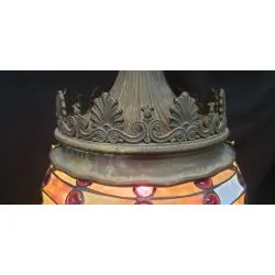 1920's Art Deco Crown Bronze Pendant Fixture with Multi Colored Stained Glass Globe #GA2161