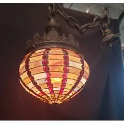 1920's Art Deco Crown Bronze Pendant Fixture with Multi Colored Stained Glass Globe #GA2161