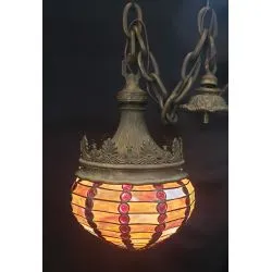 1920's Art Deco Crown Bronze Pendant Fixture with Multi Colored Stained Glass Globe #GA2161