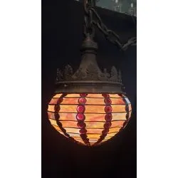 1920's Art Deco Crown Bronze Pendant Fixture with Multi Colored Stained Glass Globe #GA2161