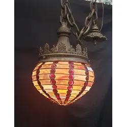 1920's Art Deco Crown Bronze Pendant Fixture with Multi Colored Stained Glass Globe #GA2161