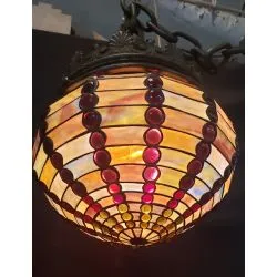 1920's Art Deco Crown Bronze Pendant Fixture with Multi Colored Stained Glass Globe #GA2161