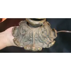 1920's Art Deco Crown Bronze Pendant Fixture with Multi Colored Stained Glass Globe #GA2161