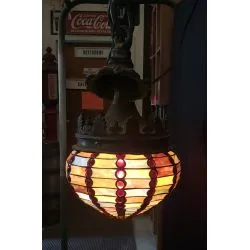 1920's Art Deco Crown Bronze Pendant Fixture with Multi Colored Stained Glass Globe #GA2161