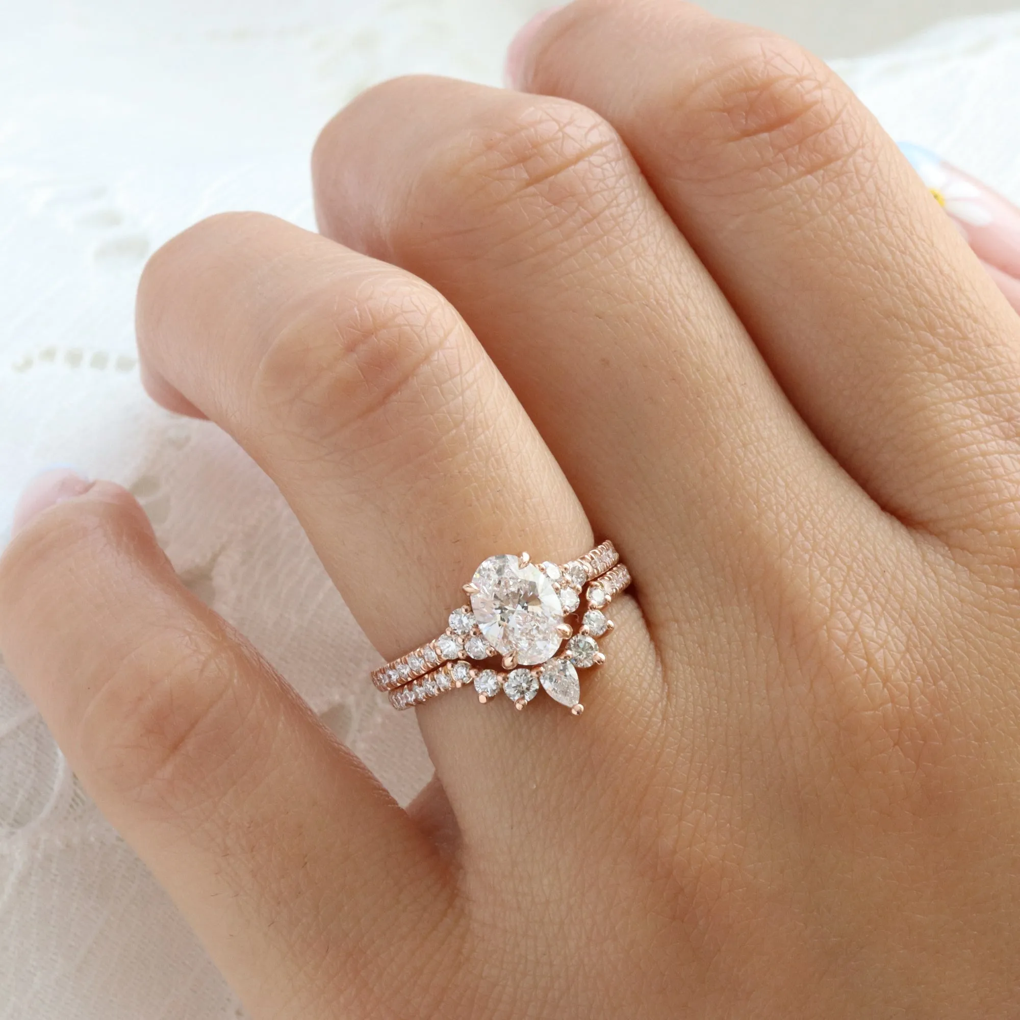 1.94 Ct. Oval Lab Diamond 3 Stone Ring Set w/ Crescent Wedding Band in Stella Setting