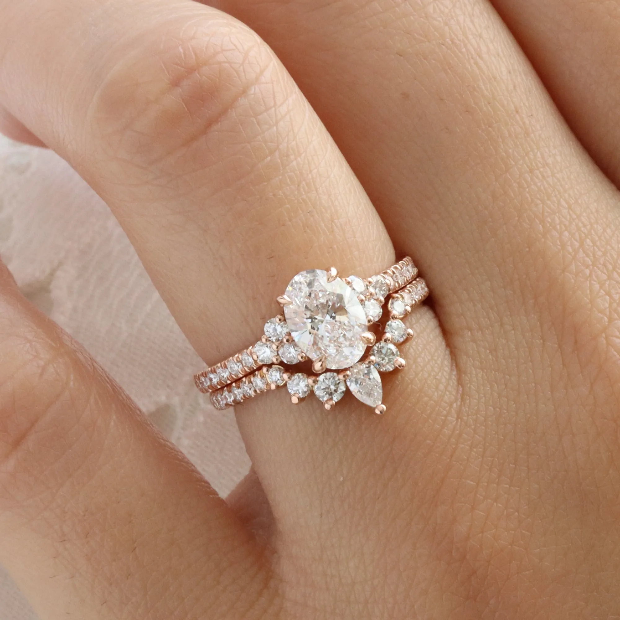 1.94 Ct. Oval Lab Diamond 3 Stone Ring Set w/ Crescent Wedding Band in Stella Setting