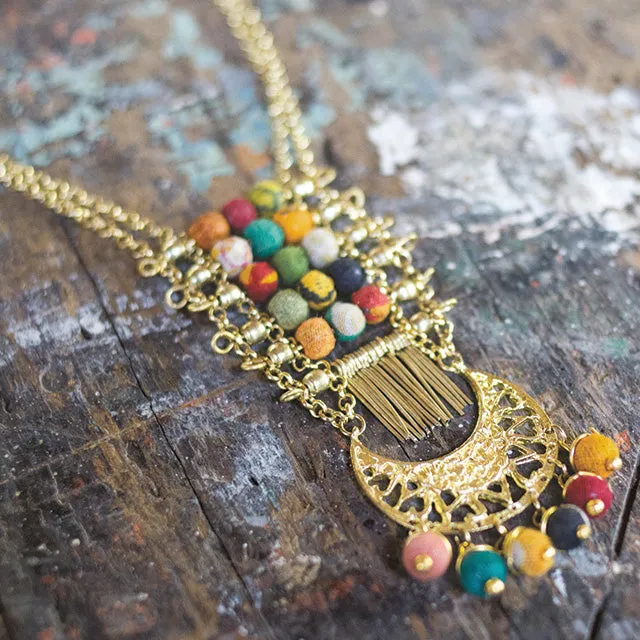 2 Strand Chain and Recycled Fabric Bead Necklace