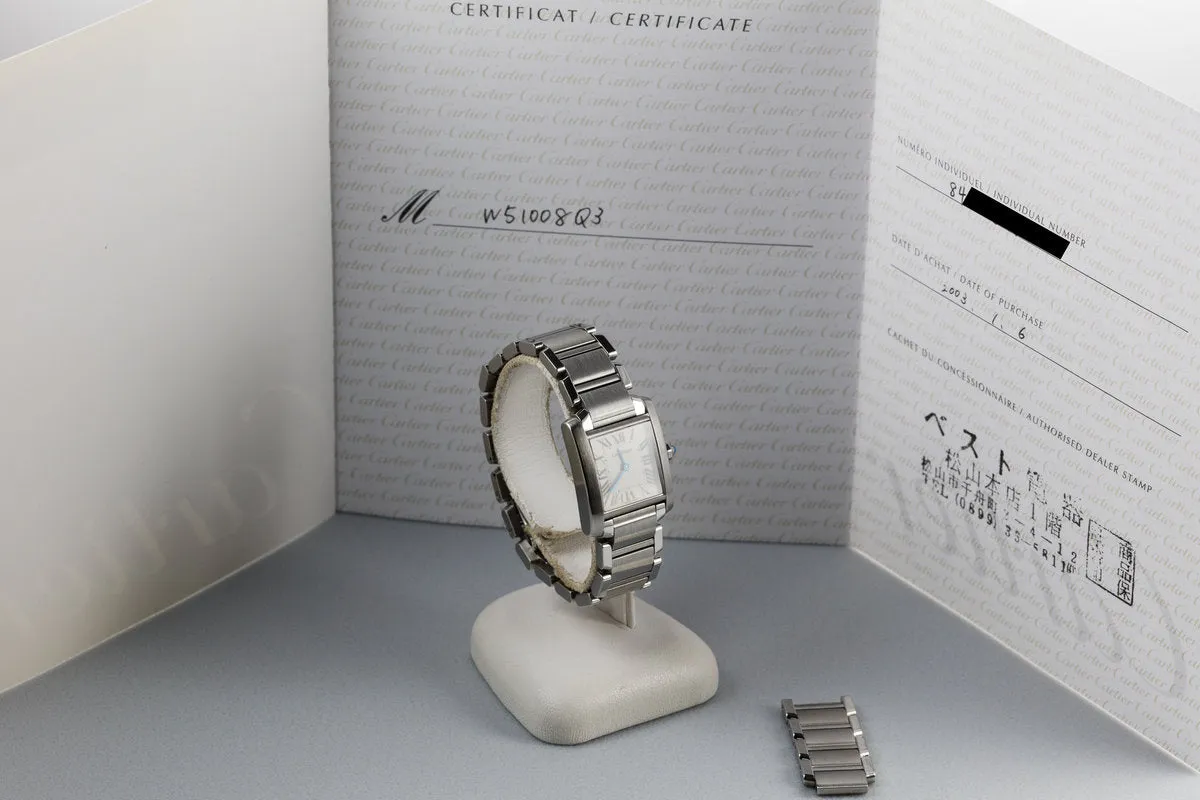2003 Cartier Ladys Quartz Tank W51008Q3 with Papers