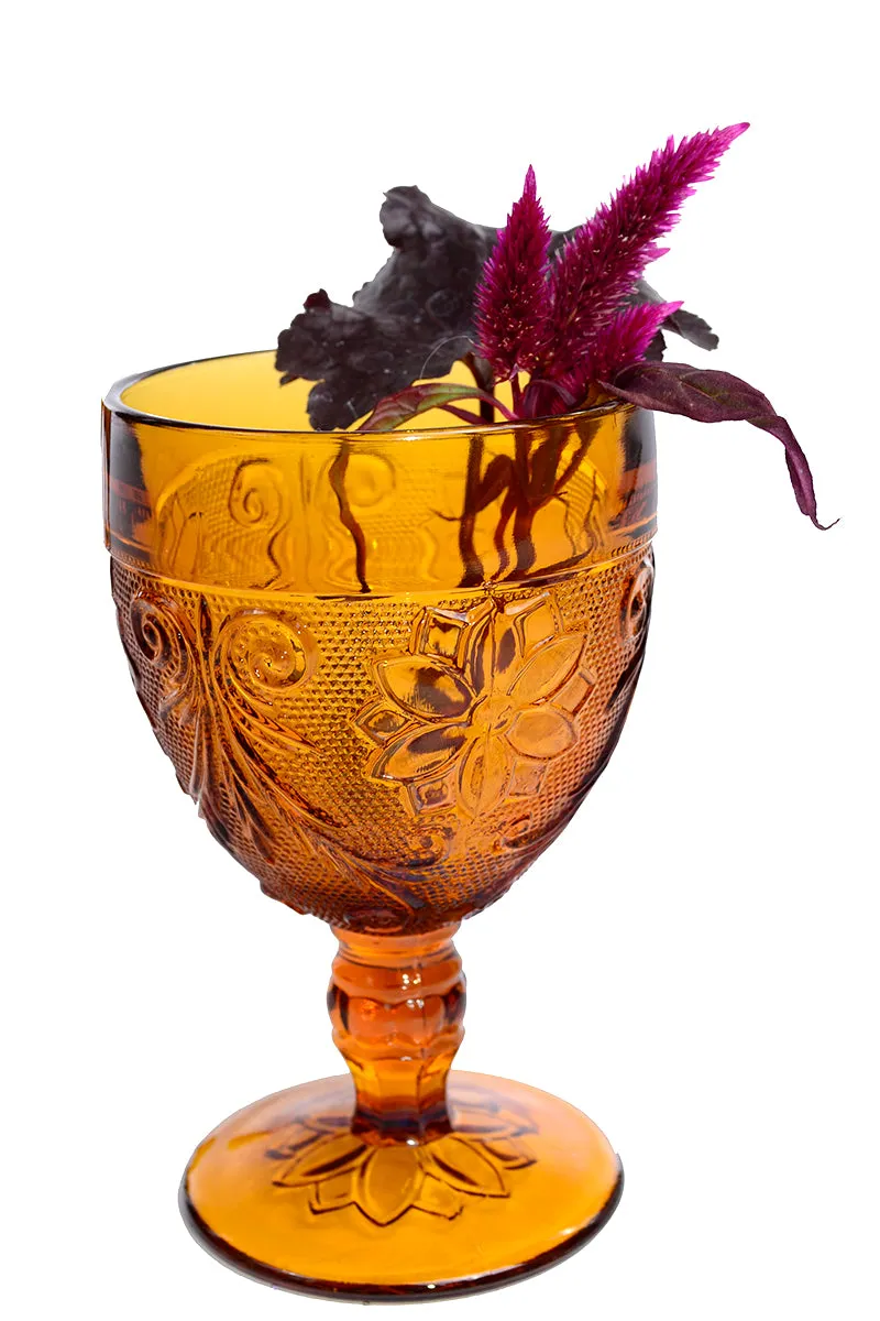 4 Tiara Amber Glasses Goblets in Textured Floral Patterned Sandwich Glass