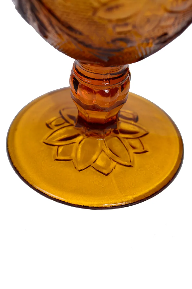 4 Tiara Amber Glasses Goblets in Textured Floral Patterned Sandwich Glass