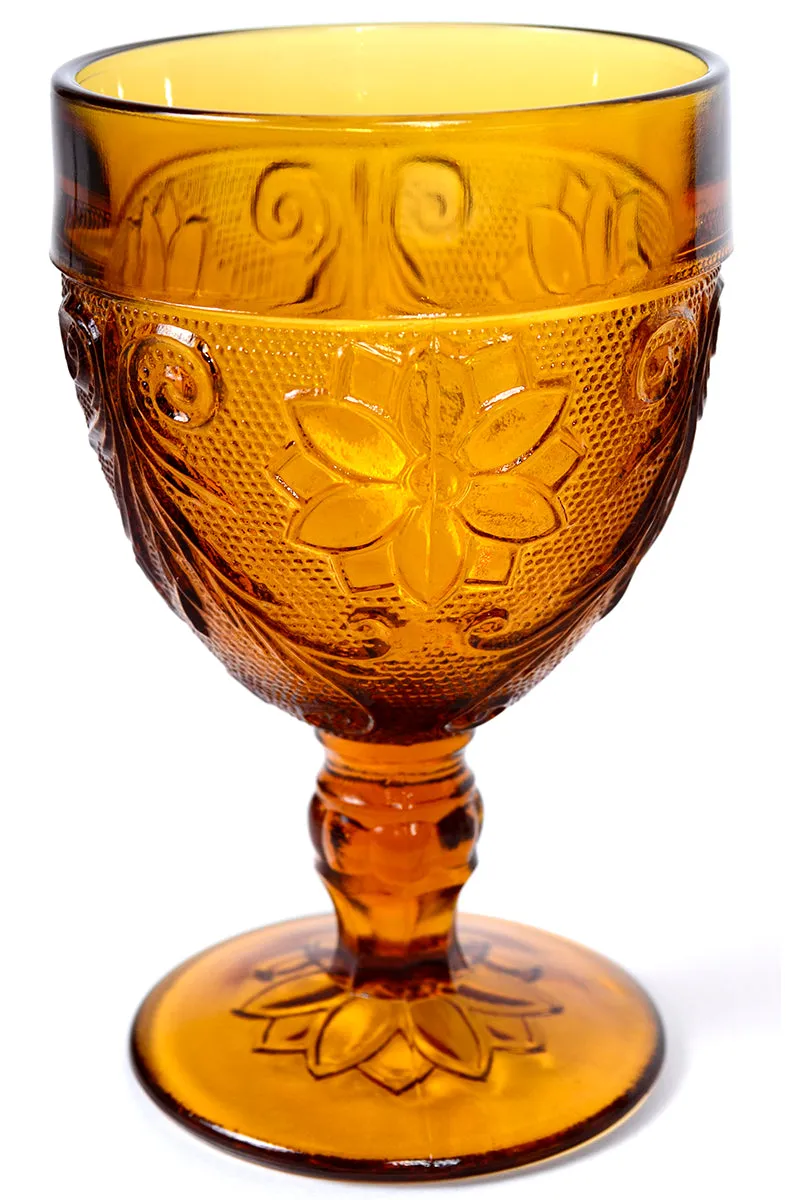 4 Tiara Amber Glasses Goblets in Textured Floral Patterned Sandwich Glass