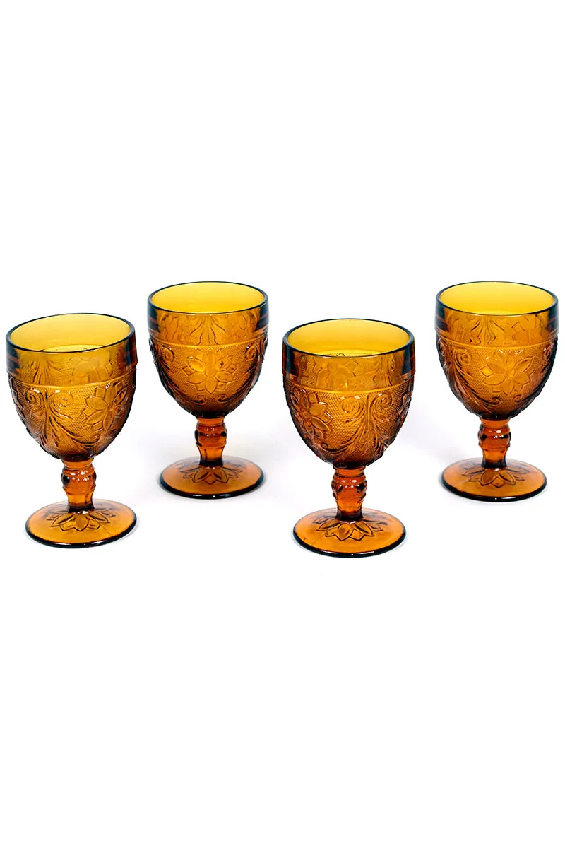 4 Tiara Amber Glasses Goblets in Textured Floral Patterned Sandwich Glass