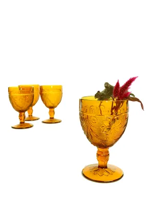 4 Tiara Amber Glasses Goblets in Textured Floral Patterned Sandwich Glass