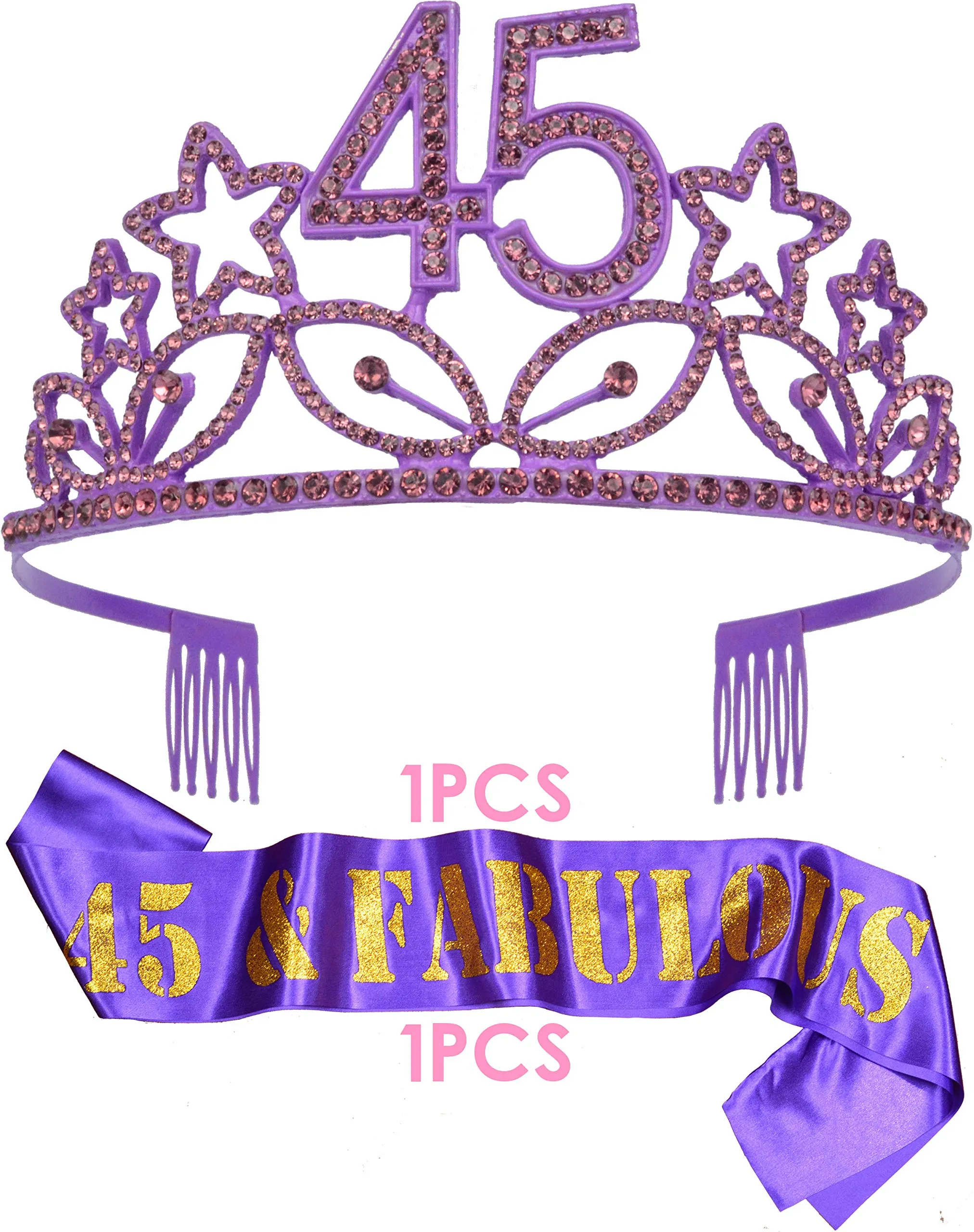 45th Birthday Gifts for Woman, 45th Birthday Tiara and Sash purple, HAPPY 45th Birthday
