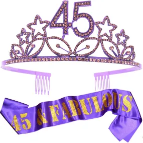 45th Birthday Gifts for Woman, 45th Birthday Tiara and Sash purple, HAPPY 45th Birthday