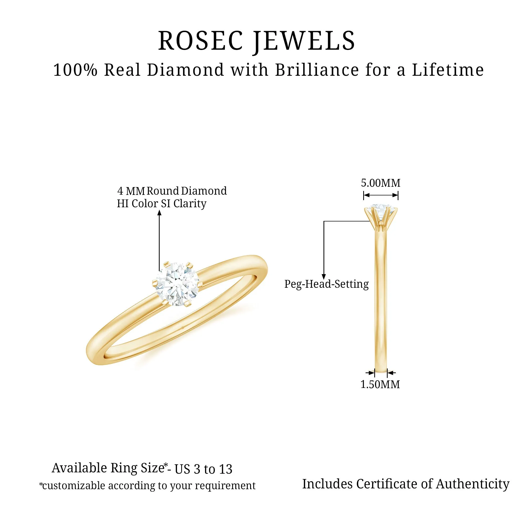 6 Prong Peg Head Set Diamond Solitaire Ring for her
