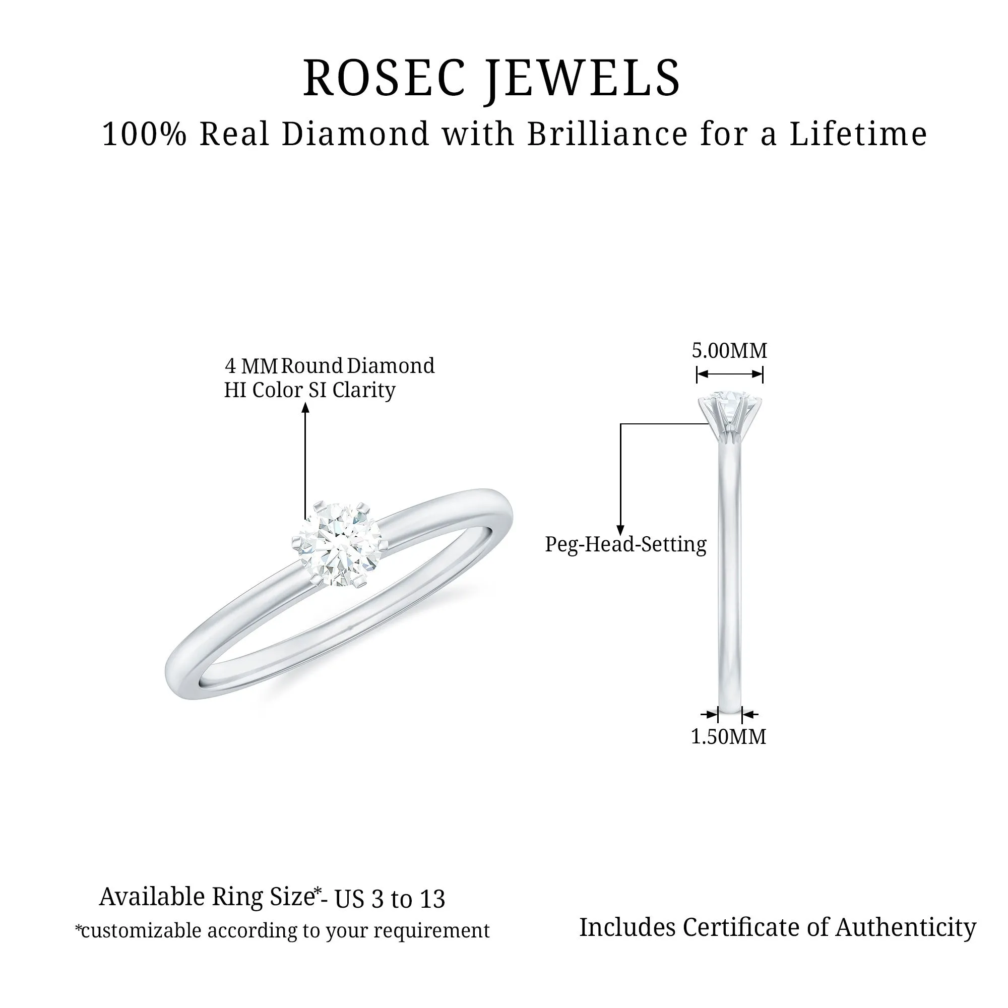 6 Prong Peg Head Set Diamond Solitaire Ring for her