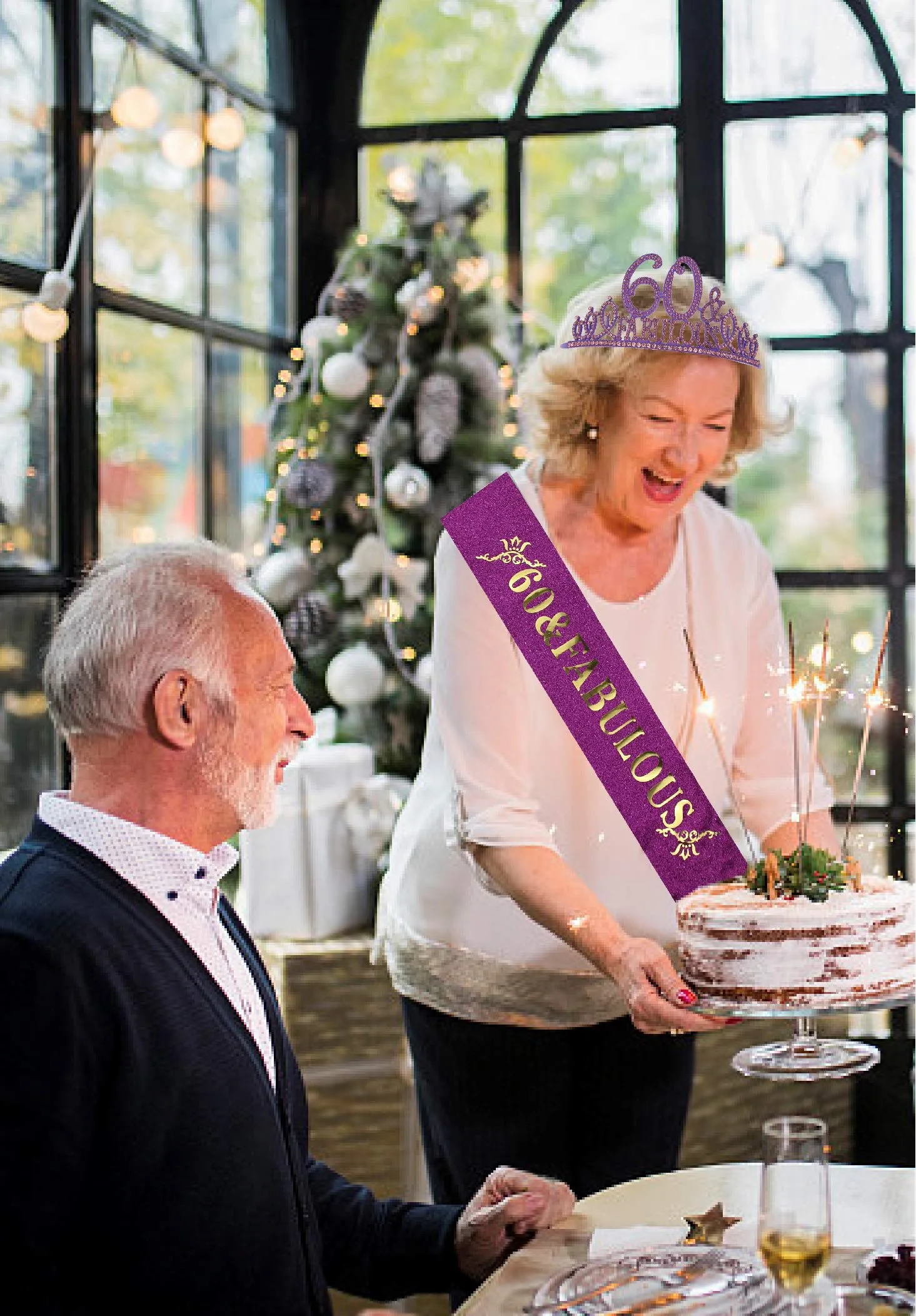 60th Birthday Gifts for Women,60th Birthday Tiara and Sash Purple,60th Birthday