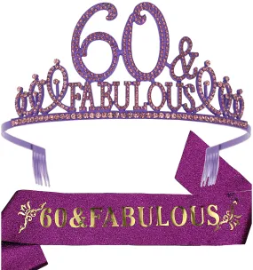 60th Birthday Gifts for Women,60th Birthday Tiara and Sash Purple,60th Birthday